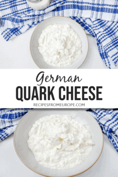 Photo collage of quark cheese in bowl with white-blue dishtowel around and text overlay saying German Quark Cheese