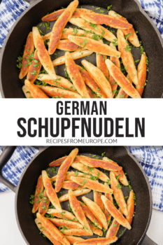 photo collage of German potato noodles in black cast iron pan with cut up parsley on top and text overlay saying German Schupfnudeln