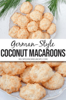 Photo collage of coconut macaroons on plate with text overlay saying German-style coconut macaroons