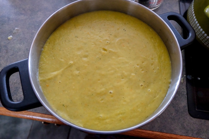 creamy potato soup blended in silver pot