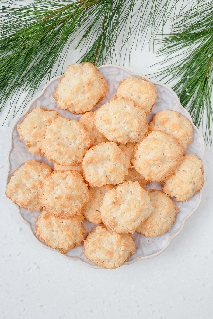 light coconut macaroons on plate with branch beside