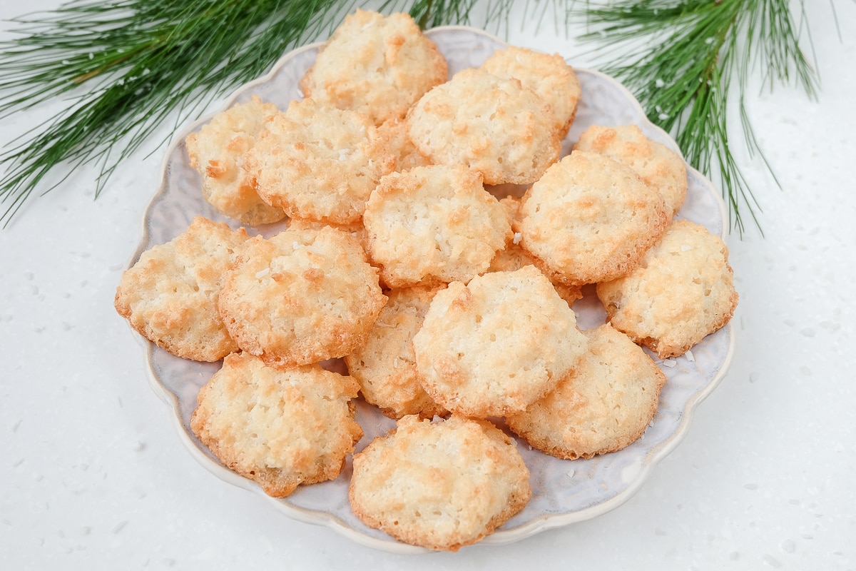 plate of coconut macaroons with green pine branch behind