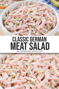 Photo collage of german meat salad in white bowl with text overlay saying "classic German meat salad"