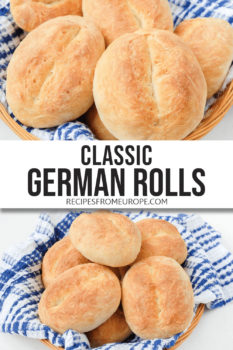 Photo collage of bread rolls in basket with blue and white dishtowel and text overlay saying classic German rolls