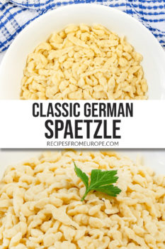 Photo collage of spaetzle noodles in white bowls with parsley for decoration and text overlay saying classic German spaetzle