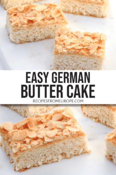 Photo collage of slices of German butter cake on white marble with text overlay saying easy German butter cake