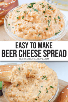 Photo collage of orange cheese spread in clear bowl with chopped parsley sprinkled on top and a piece of pretzel dipped in plus text overlay saying "easy to make beer cheese spread"