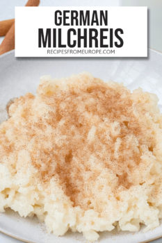 Photo of rice pudding with cinnamon and sugar in bowl with text overlay saying German Milchreis