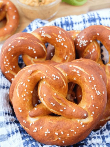German Pretzels Web Story Cover German pretzels with coarse salt on top in basket with blue and white dish towel