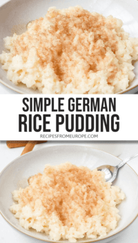 Photo collage of German rice pudding with cinnamon and sugar in bowl with text overlay saying simple German rice pudding