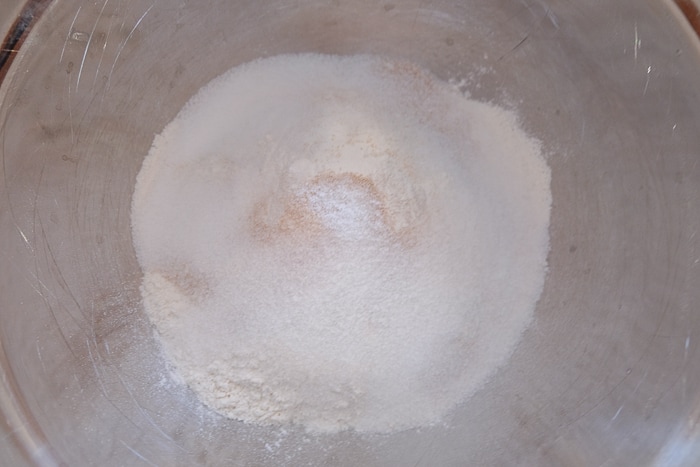 dry ingredients in silver mixing bowl