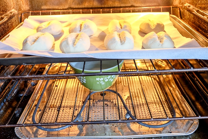 green bowl of water in oven under baking bread rolls