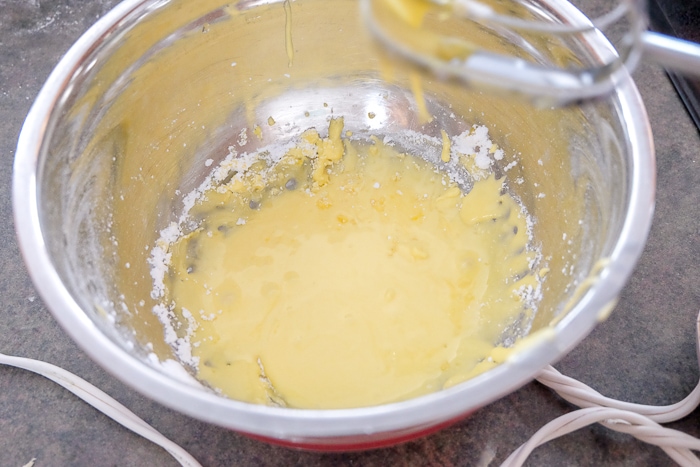 pudding mixture in mixing bowl on counter