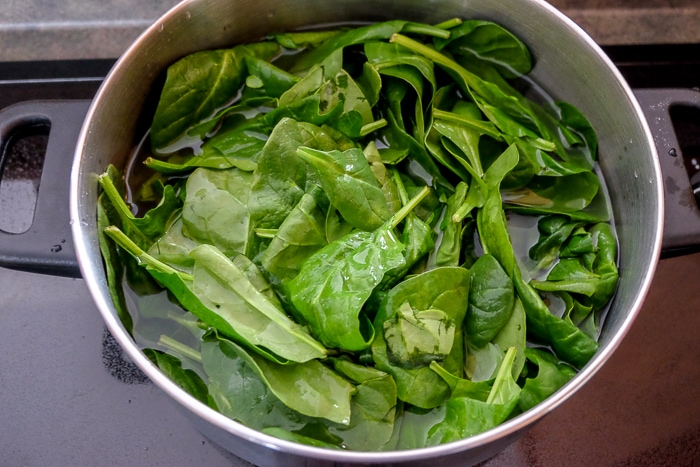 raw spinach in silver pot on stove top