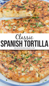 photo collage of slices of spanish potato omelette on plate with text overlay saying "classic Spanish tortilla"