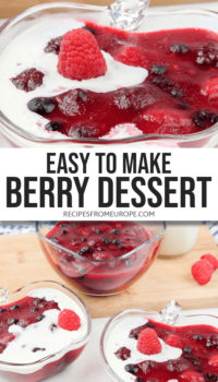 Photo collage of red berry dessert in clear bowls with cold whipping cream and fresh raspberry on top plus text overlay saying "easy to make berry dessert"