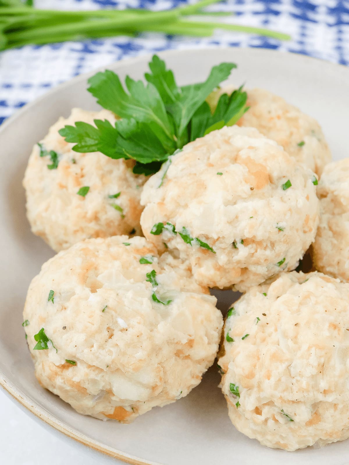 Cooked bread dumplings in bowl with parsley for decoration