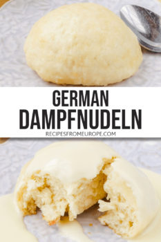 photo collage of yeast dumplings on purple plate with vanilla sauce around it and text overlay saying "German dampfnudeln"