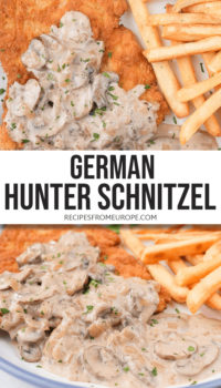 photo collage of breaded schnitzel with brown mushroom gravy and french fries on plate with blue rim and text overlay saying "german hunter schnitzel"