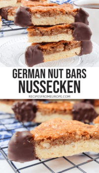 Photo collage of nut bars cut into triangles with chocolate dipped corners on cooling rack and stacked on clear plate with text overlay saying "German nut bars Nussecken"
