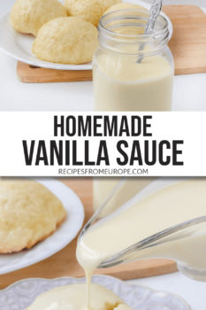 photo collage of vanilla sauce in glass jar and serving boat with yeast dumplings in background and text overlay saying "homemade vanilla sauce"
