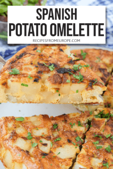 slice of spanish potato omelette on cake server with rest of omelette in background and text overlay saying "Spanish potato omelette"