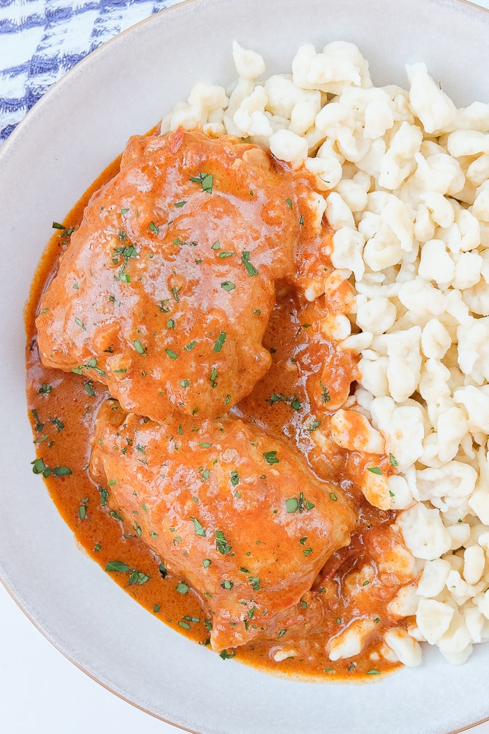 hungarian chicken paprikash in white bowl with egg noodles