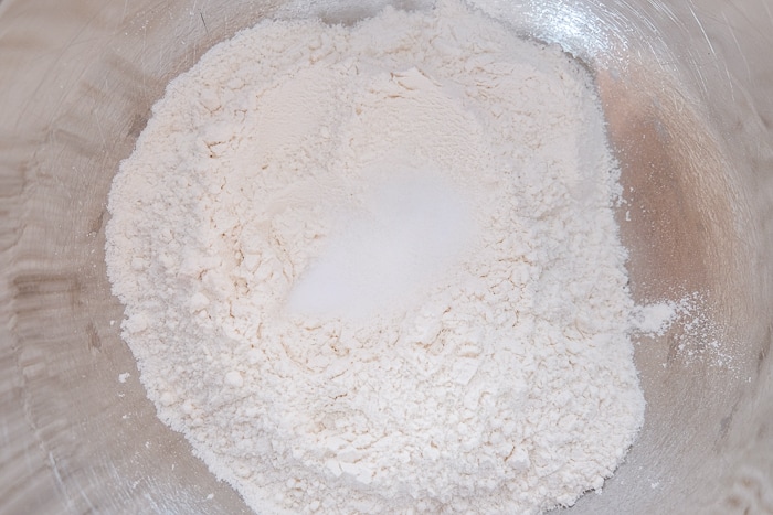 salt and flour in metallic mixing bowl