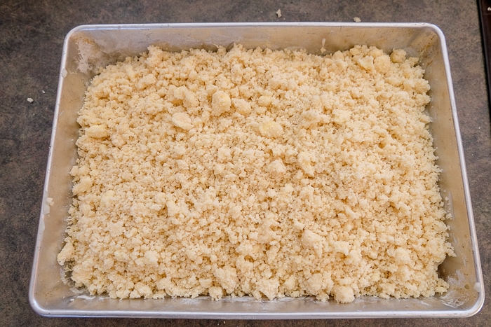 crumbs placed on pudding cake in silver baking pan