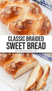 photo collage of brown braided bread with sliced almonds on top on white platter with text overlay saying "classic braided sweet bread"