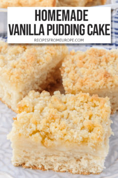 three slices of cake with pudding layer in middle and streusel on top on purple plate plus text overlay saying "homemade vanilla pudding cake"