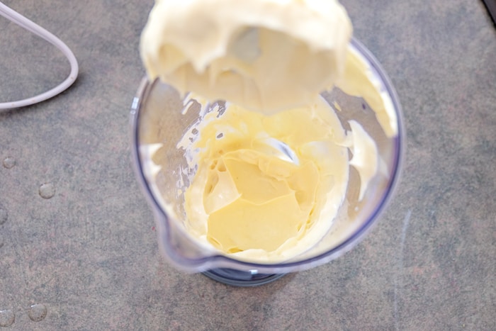 creamy homemade mayonnaise in plastic container on counter