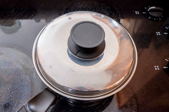 silver pot on stove top with lid on
