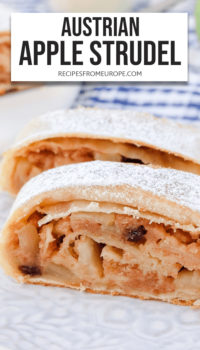 two slices of apple strudel with powdered sugar on top on purple plate and text overlay saying "Austrian apple strudel"