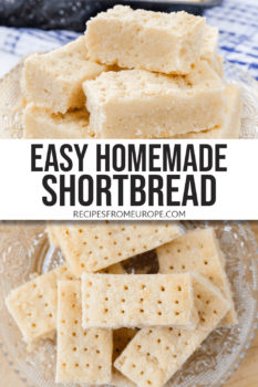 Photo collage of pieces of shortbread stacked on clear plate from side and from top with text overlay saying "easy homemade shortbread"