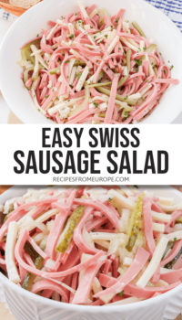 Photo collage of sausage salad in white bowl with text overlay saying "easy Swiss sausage salad"