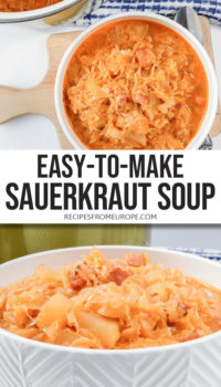 Photo collage of sauerkraut soup with orange broth in white bowl from top and side and text overlay saying "easy-to-make sauerkraut soup"