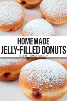 photo collage of deep-fried balls of dough with jelly in the middle and powdered sugar on top plus text overlay saying "homemade jelly-filled donuts"