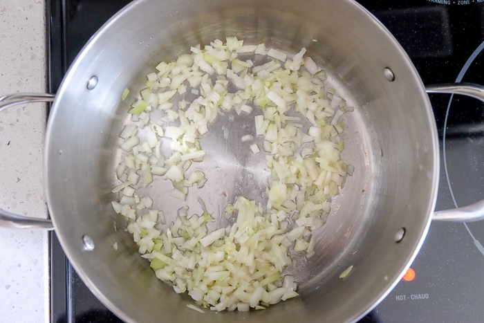 chopped onion in large silver pot on stove