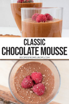 photo collage of chocolate mousse in glass with raspberries and chocolate shavings on top and text overlay "classic chocolate mousse" in middle
