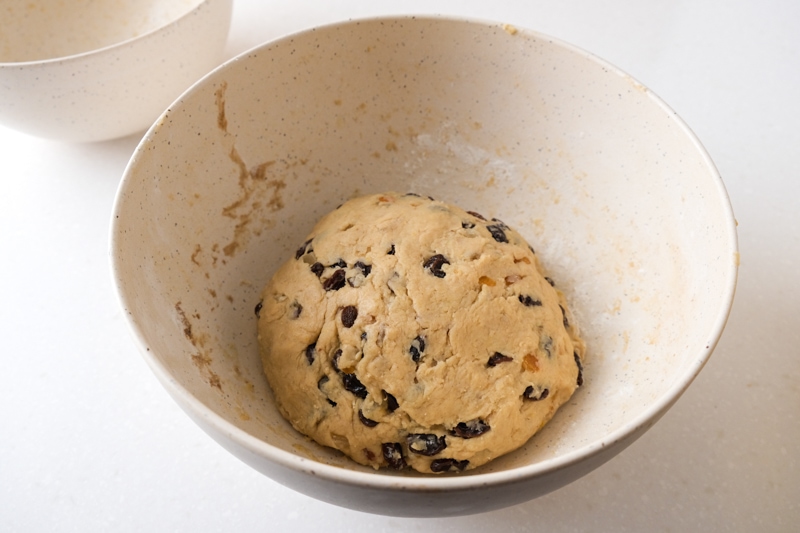 ball of raw stollen dough in mixing bowl.