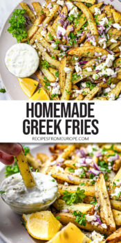 French fries garnished with feta cheese, parsley and red onions plus text overlay "homemade Greek fries".