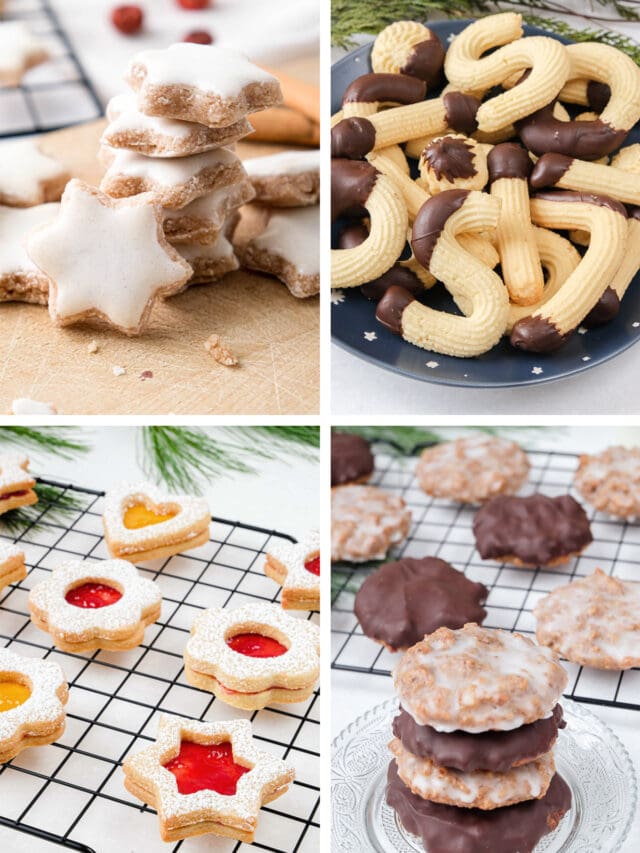 Collage of different cookies on plate or cooling rack.