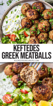 different views of meatballs on plate with tzatziki and salad plus text overlay "Keftedes Greek Meatballs".