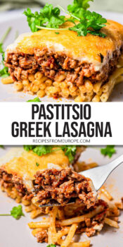 slice of pastitsio on plate with parsley on top and text overlay "pastitsio Greek lasagna".