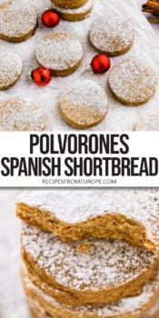 cookies with powderd sugar on top on parchment paper and stacked with text overlay "Polvorones Spanish Shortbread".
