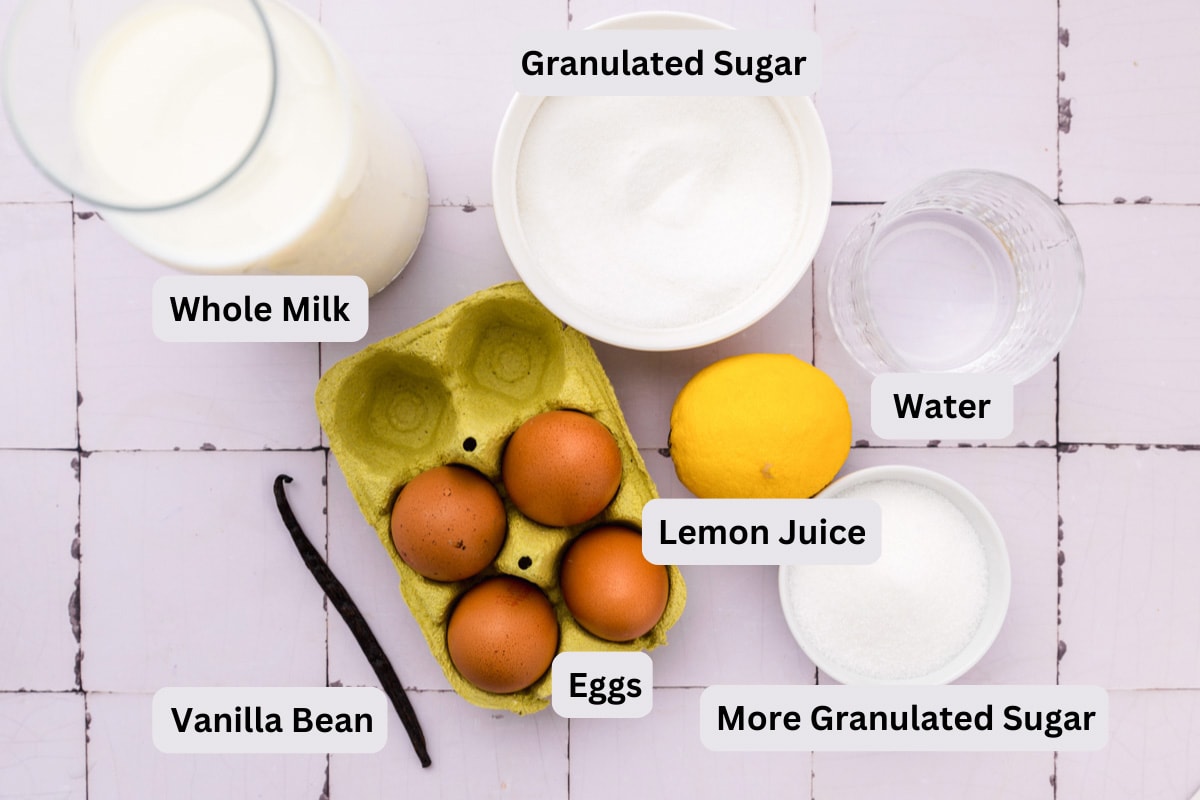 ingredients to make spanish flan on counter with labels like eggs and sugar.