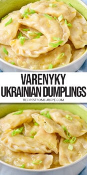 cooked dumplings in bowls with text overlay "Varenyky Ukrainian Dumplings".