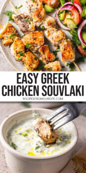 cooked cubes of chicken on a skewer on plate and piece of chicken dipped in creamy sauce with text overlay "easy greek chicken souvlaki".