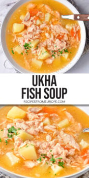 orange soup with potatoes and pieces of salmon in white bowls plus text overlay "Ukha Fish Soup".